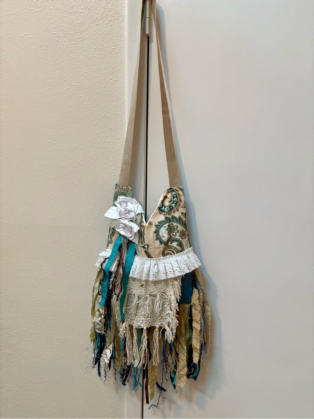 Artisan Cream and Teal Fringe Shoulder Bag